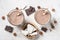 Chocolate coconut hazelnut milkshake or smoothie top view.