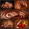 Chocolate collage set. Chocolate chunks, candies, sweets, strawberry in chocolate. Design over dark background