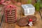 Chocolate cookies, gift, snowman and Christmas tree branches