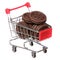 Chocolate cookies in shopping cart isolated. concept.