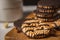 Chocolate cookies on wooden table. Closeup Shortbread cookies chocolate for morning breakfast