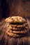 Chocolate cookies on wooden table. Stacked Chocolate chip cookie