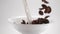 Chocolate corn flakes and milk are falling to the white bowl in slow motion, cocoa cereal breakfast falls in 240p