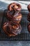 Chocolate cruffin, a hybrid of a croissant and muffin with a lot of butter, sprinkled with powdered sugar