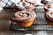 Chocolate cruffin, a hybrid of a croissant and muffin with a lot of butter, sprinkled with powdered sugar