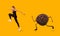 Chocolate Cupcake Chasing Sporty Slim Lady On Yellow Background, Collage