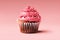 Chocolate cupcake with creamy pink frosting on a light background. Template for displaying product presentation. photo was created