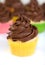 Chocolate cupcake in yellow wrapper