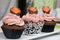 Chocolate cupcakes with strawberry cream. Decorated with half strawberries in chocolate