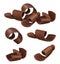 Chocolate curl. Shaving parts of black chocolate pieces vector realistic templates