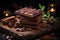 Chocolate delight wrapped bar on a dark wooden backdrop, a temptation