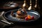 Chocolate dessert with raspberry and blueberry, cheesecake with fresh berries, nuts and caramel. Selective focus, AI generated.