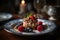 Chocolate dessert with raspberry and blueberry, cheesecake with fresh berries, nuts and caramel. Selective focus, AI generated.