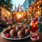 Chocolate-dipped strawberries with raspberry iced tea in a whimsical outdoor patisserie