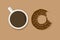 Chocolate donut on brown background mouth bite with cup of coffee with shadow tasty breakfast cafe dessert. Flat design