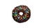 Chocolate donut with colorful sprinkles on white background, top view