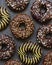 Chocolate donuts on dark. Delicious desserts