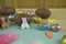 Chocolate Easter eggs and iced decorations with bunny and carrots