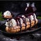 Chocolate eclairs with berries
