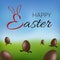 Chocolate egg 3D Happy Easter text. Running brown Easter eggs, blurred green grass field, blue sky meadow background