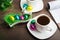 Chocolate eggs dessert with coffee, Easter morning concept