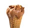 Chocolate flavor ice cream cone melting close up