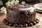 chocolate fondant cake with the most delicate and intricate icing decoration