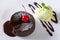 Chocolate fondant and ice cream closeup. horizontal top view