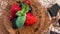 Chocolate fondant lava cake decorated with strawberries and cocoa powder