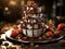 Chocolate fountain close-up with cascades and decorated with berries. Created by AI
