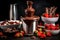 chocolate fountain with melted chocolate and strawberries for dipping