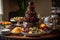 chocolate fountain surrounded by plates of fruit and pastries for a sweet and savory combination