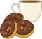 A chocolate frosted donut or doughnut and a hot cup of fresh coffee or tea.