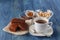 Chocolate fudge brownie with cup of espresso coffee