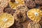 Chocolate, ginger, oatmeal cookies, slices of dried oranges, stars of anise close-up. Aromatic and delicious sweet pastries and