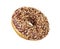 Chocolate glazed round donut with nut sprinkles isolated