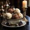 Chocolate Ice cream in a beautiful dessert bowl on the background of a luxury interior with dark decor. Ice cream scoops in a