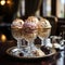 Chocolate Ice cream in a beautiful dessert bowl on the background of a luxury interior with dark decor. Ice cream scoops in a