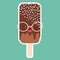 Chocolate ice cream, ice lolly Kawaii with sunglasses, pink cheeks and winking eyes, pastel colors on blue green background. Vecto