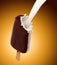 Chocolate icecream with wooden stick and milk splash