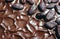 Chocolate icing and cocoa beans