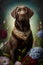 chocolate Labrador Portrait ornate with Flowers