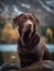 Chocolate labrador sits on a rock in front of a lake