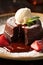 a chocolate lava cake with ice cream and strawberries