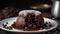 Chocolate lava cake on a white plate, with melted chocolate oozing out and a blurred background. Generative AI