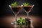 Chocolate liqueur on a background of juicy mint leaves and chocolate in a glass goblet.