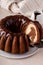 Chocolate marble bundt cake with chocolate glaze drizzled on top