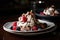 chocolate meringue dessert with white chocolate ganache and fresh berries