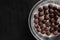 chocolate milk cereal balls white bowl