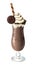 Chocolate milkshake with cocoa topping and whipped cream decorated chocolate cookie. Ice coffee drink